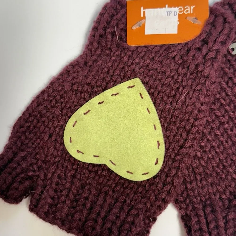 Pistil Wool Blend Stitched Heart Fingerless Gloves Handwear Gants Plum New